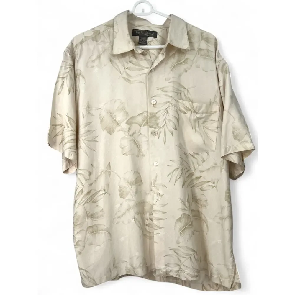 Tori Richard L Pure Silk Embossed Damask Button Up Mens Shirt Tropical Palm Tree - Picture 1 of 4